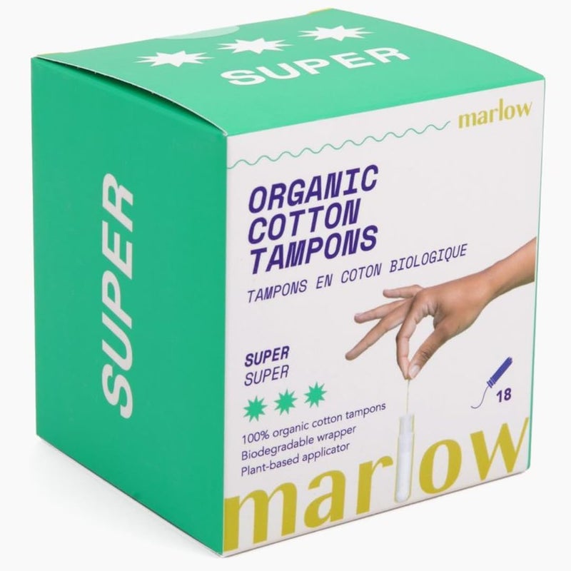 Marlow 100% Organic Cotton Easy Glide Tampons with Compact Plant Based BPA Free Applicator, Chlorine Free, Toxin Free, Hypoallergenic, Dermatologically Tested, Fragrance Free, Super, 18 Count - Image 1